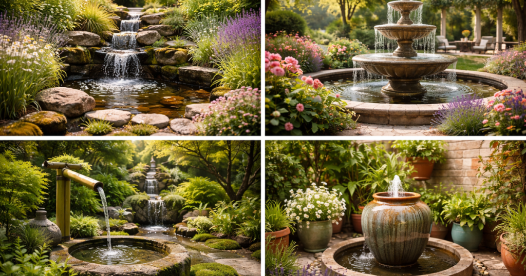 庭の噴水が映えるガーデンデザイン例
